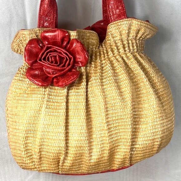 Vintage Bueno Tan Woven Straw Red Faux Leather Flower Satchel Bag - Picture 6 of 8